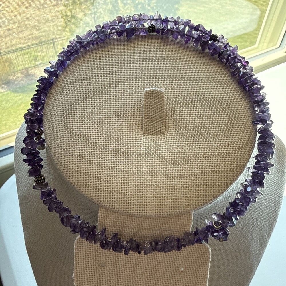 Vintage Sterling Silver 925 Amethyst Memory Wire Necklace Choker